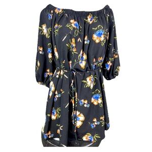 Lilian 2X Off The Shoulder Black Floral Tunic Top With Waist Tie